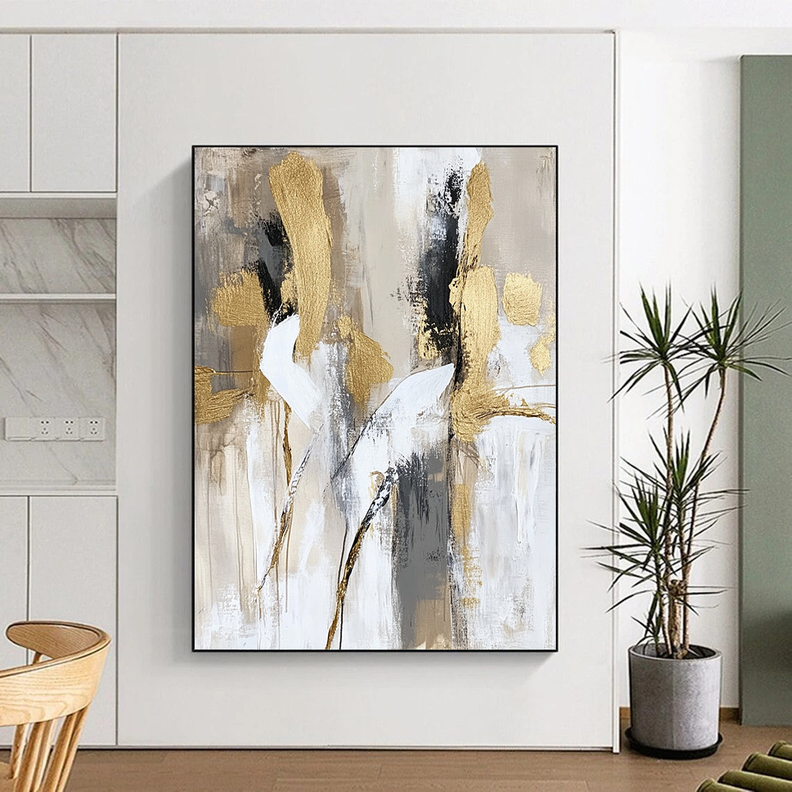 Contemporary hand-painted abstract art featuring soft brush strokes in neutral beige and white tones with elegant gold accents depicting dancing bodies in motion. DLZ0768
