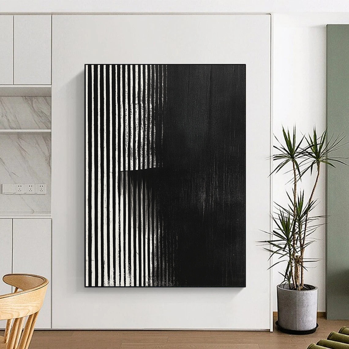Contemporary hand-painted abstract art featuring black and white stripes with a grainy texture and focus stacking effect on a dark background. DLZ1489