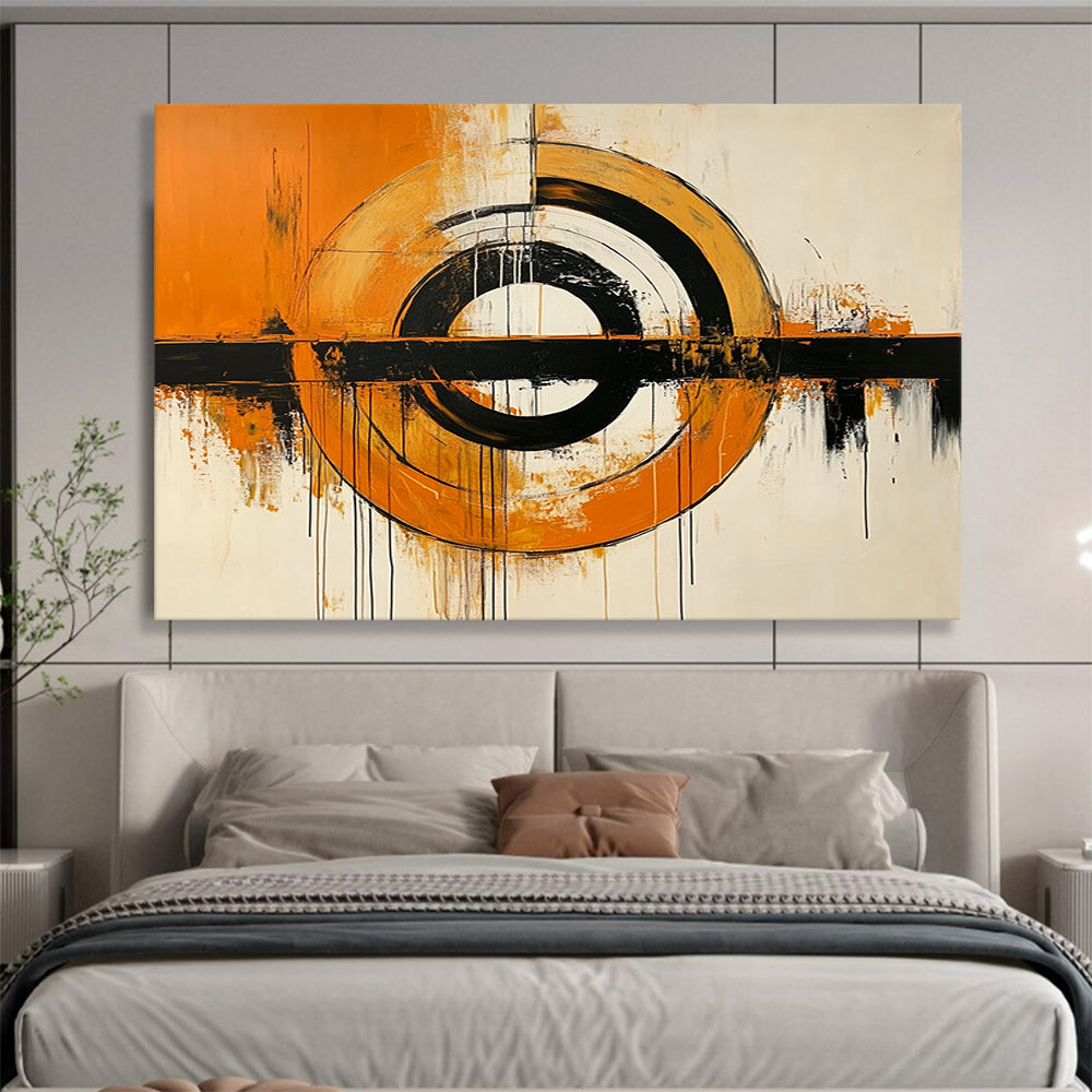 “Orange, Black, and White Abstract Circles” - Orange, black, white; Abstract circles with drips; Acrylic Painting On Canvas HB1224