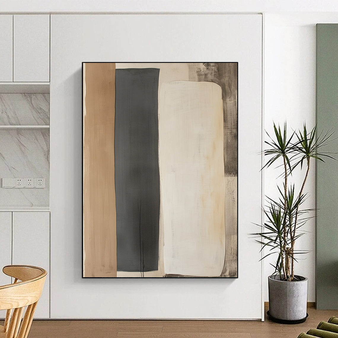 Contemporary hand-painted abstract art featuring two minimalist shapes in light gray and dark beige on a wall-mounted paper display. DLZ1326