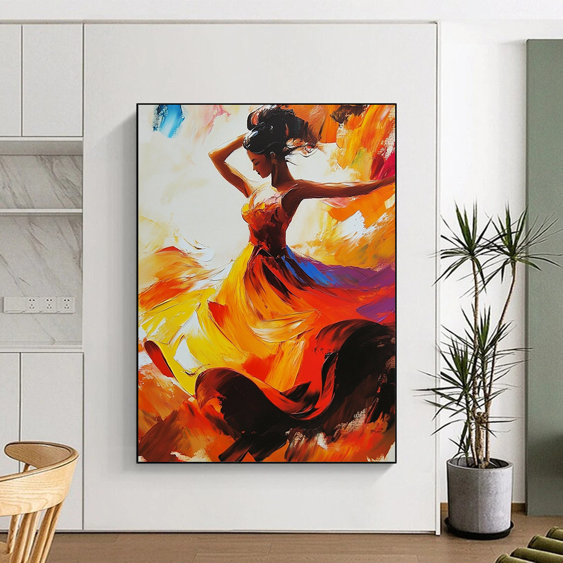 Contemporary abstract painting featuring a flamenco dancer in dynamic motion with a vibrant dress in red yellow and orange shades. DLZ1676