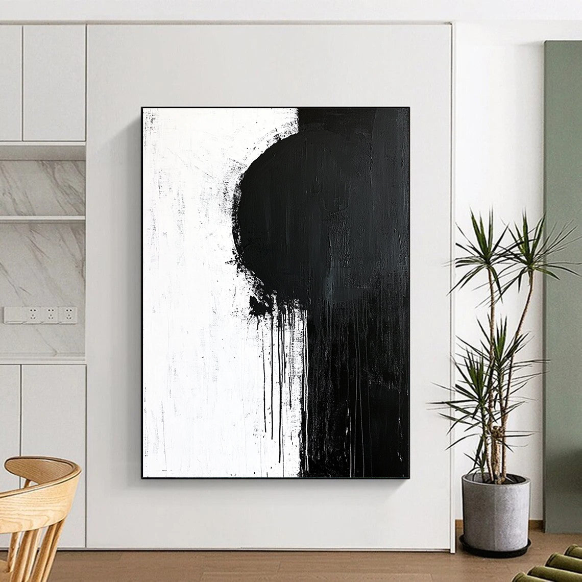 Contemporary hand-painted abstract art featuring bold brush strokes, minimalistic design, dynamic shapes, and unique paint drips on a textured canvas backdrop. DLZ0300
