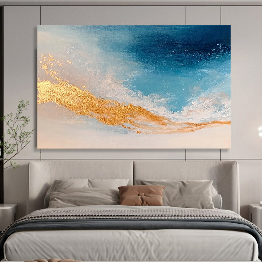 “Blue and Gold Ocean Waves” - Blue, Gold, White, Abstract Ocean Waves Painting On Canvas HB0971