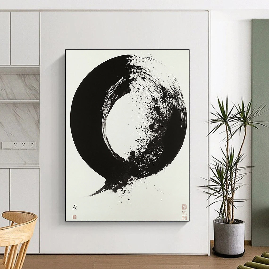 White, Black with Enso - like Circle "Zen Essence" Abstract Painting On Canvas HB020