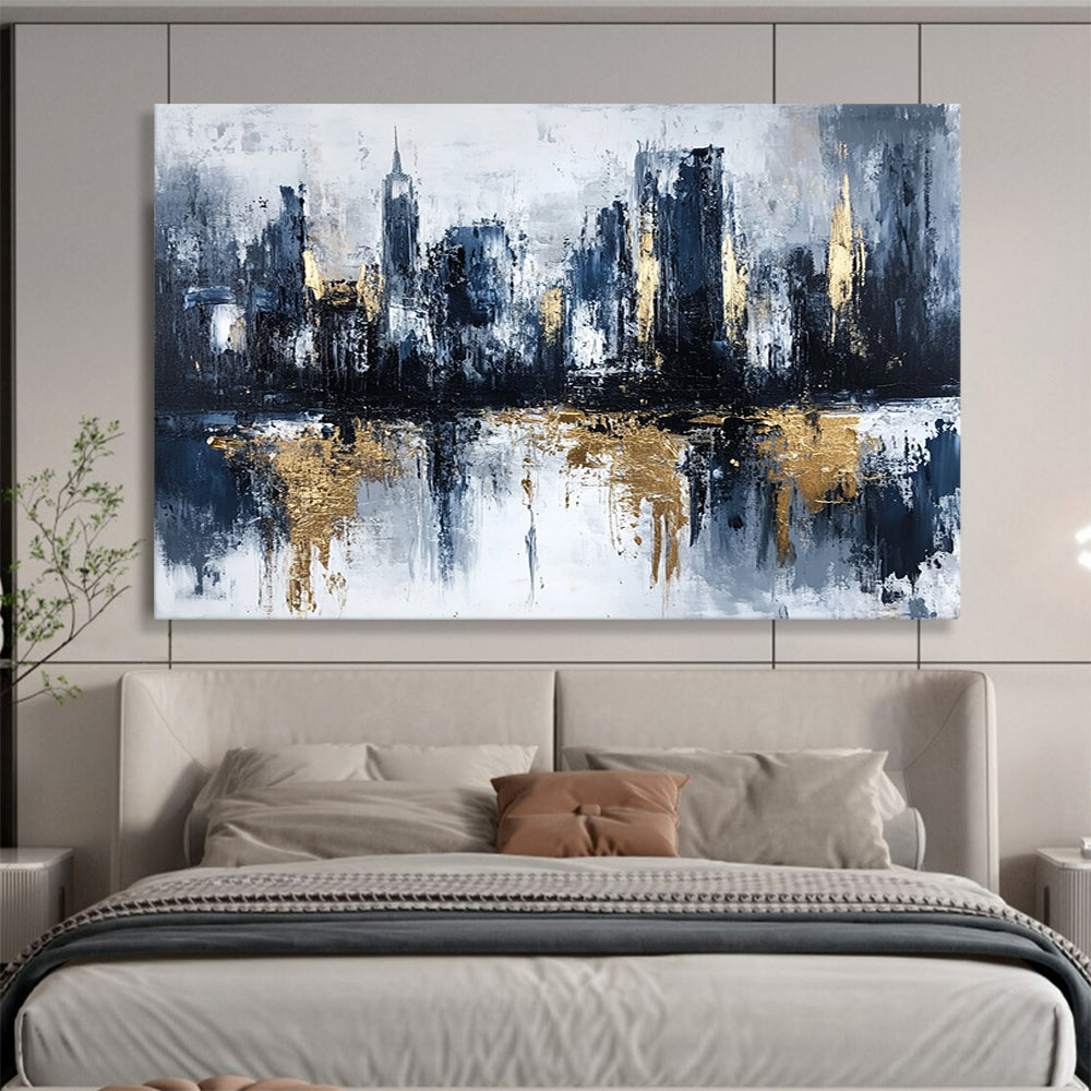 “Gilded City Skyline Reflection” - Gray, Blue, Gold, Abstract Cityscape with Water Mirroring Painting On Canvas HB1097