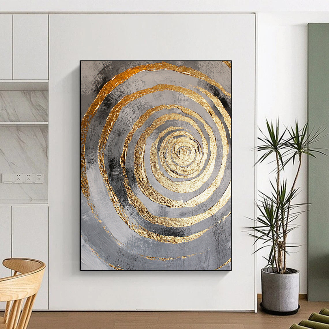 Black, Gray and Gold Concentric Circles with Drips "Dynamic Dripping Vortex" Painting On Canvas HB383