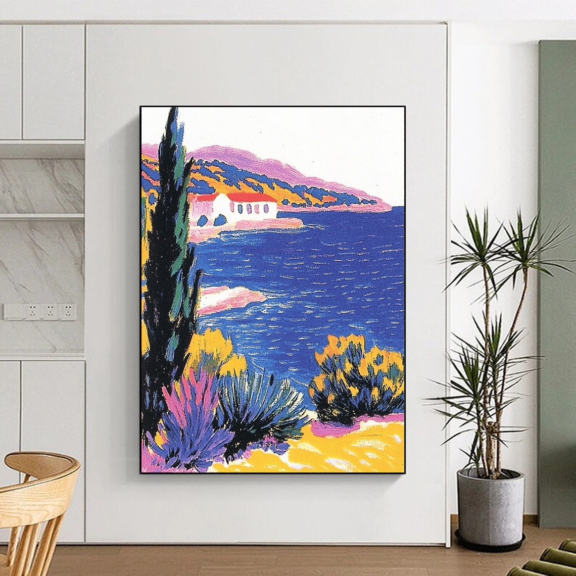 Contemporary hand-painted abstract artwork featuring a beautiful blue sea cypress tree and pastel coastal scenery in a vintage postcard style. DLZ1266