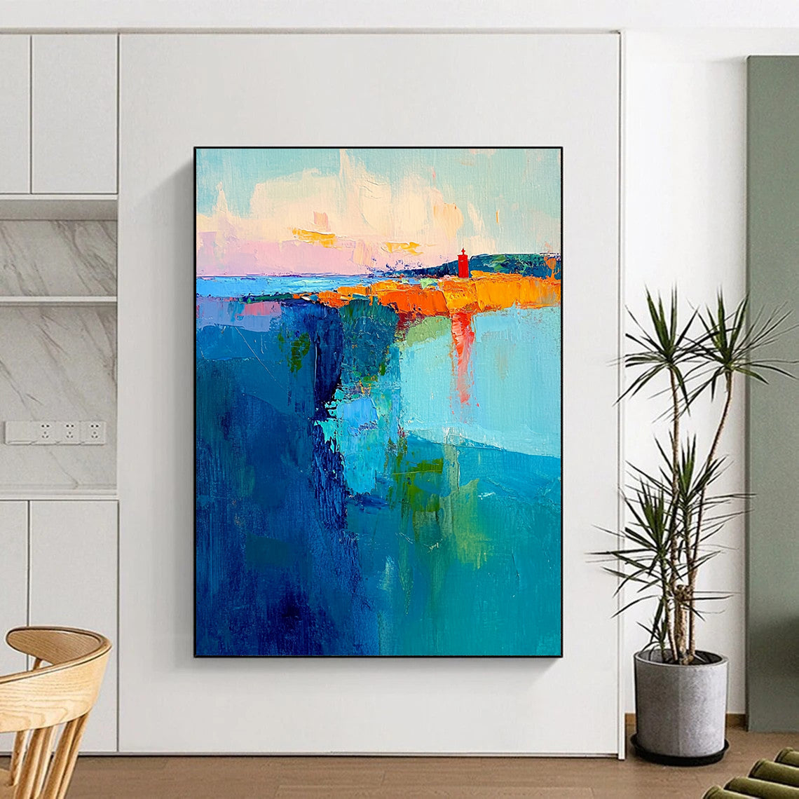 Contemporary abstract canvas showcases swirling teal and blue brushstrokes with a pastel sky and a striking red lighthouse embodying energy and tranquility. DLZ0363