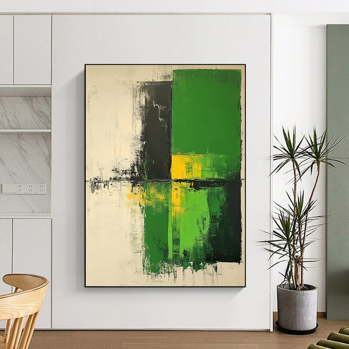 Contemporary large hand-painted abstract artwork in shades of green and white with neutral tones on textured canvas. DLZ0553