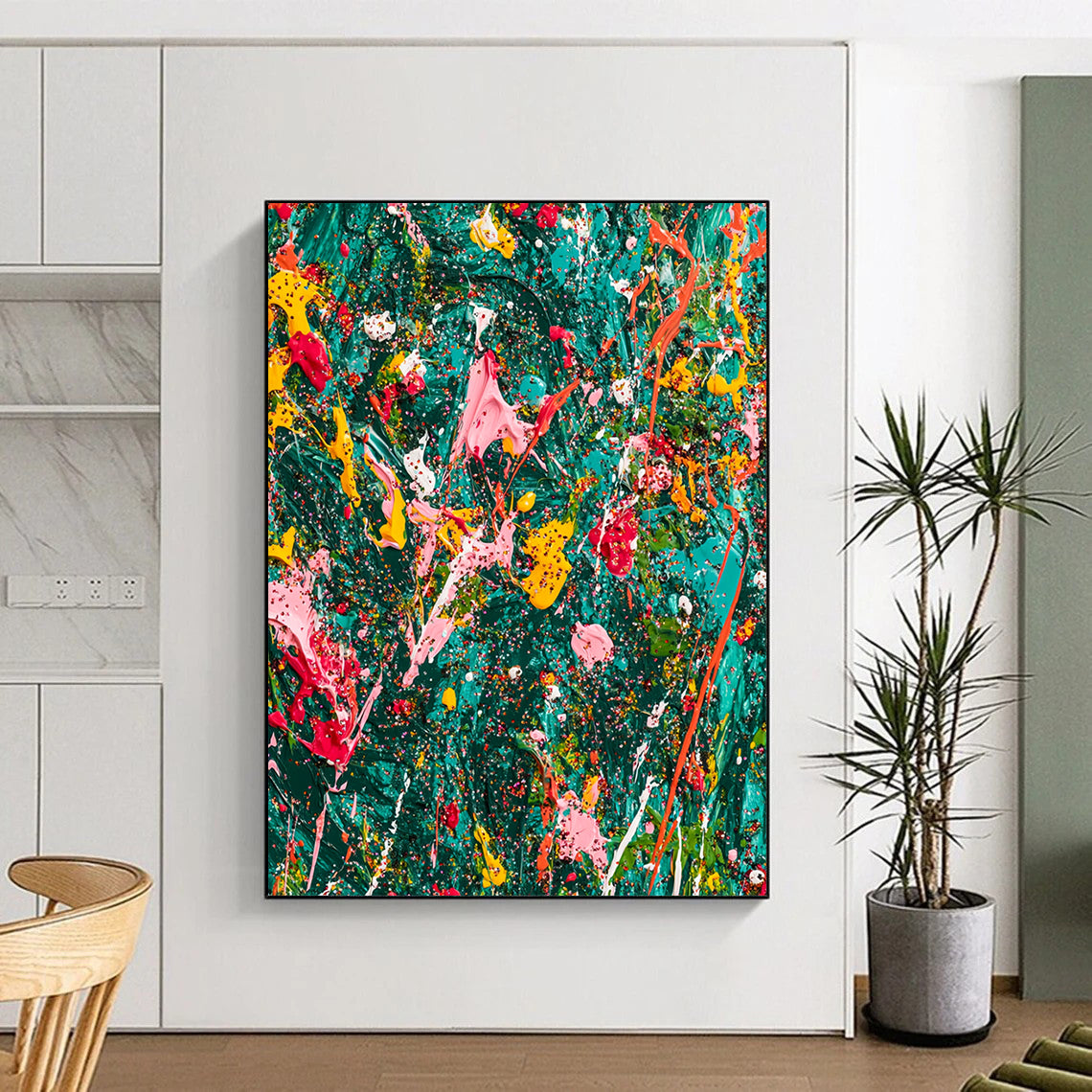 Vibrant abstract expressionist painting on teal canvas showcasing chaotic splattered paint and glitter with rich colors and dynamic brushwork in a jungle-green background. DLZ1178