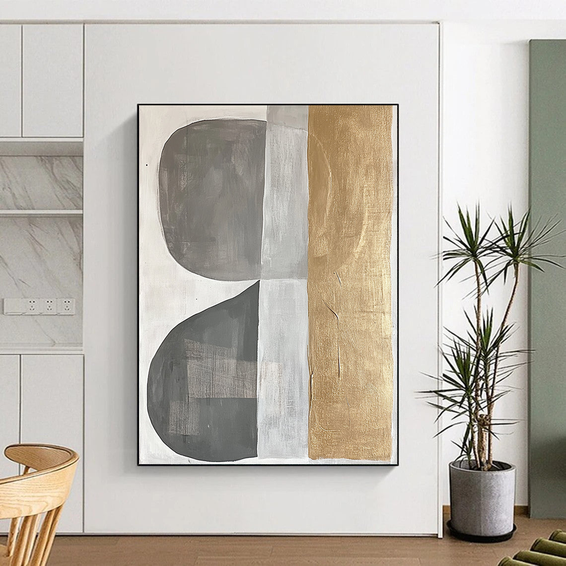 Gray, Silver, Gold and White Geometric Abstraction "Minimalist Geometry" Painting On Canvas HB396