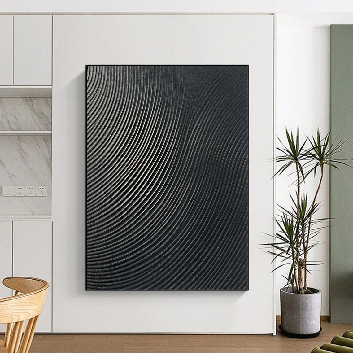 Contemporary abstract wall art features a glossy dark gray surface with sleek vertical lines creating an eye-catching wave pattern for any modern space. DLZ1149