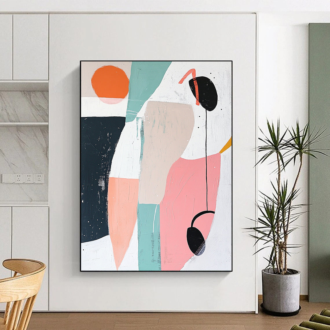 Large contemporary hand-painted abstract artwork featuring geometric shapes in soft pastels creating a calm and soothing atmosphere with negative space and a small black headphone detail. DLZ1374