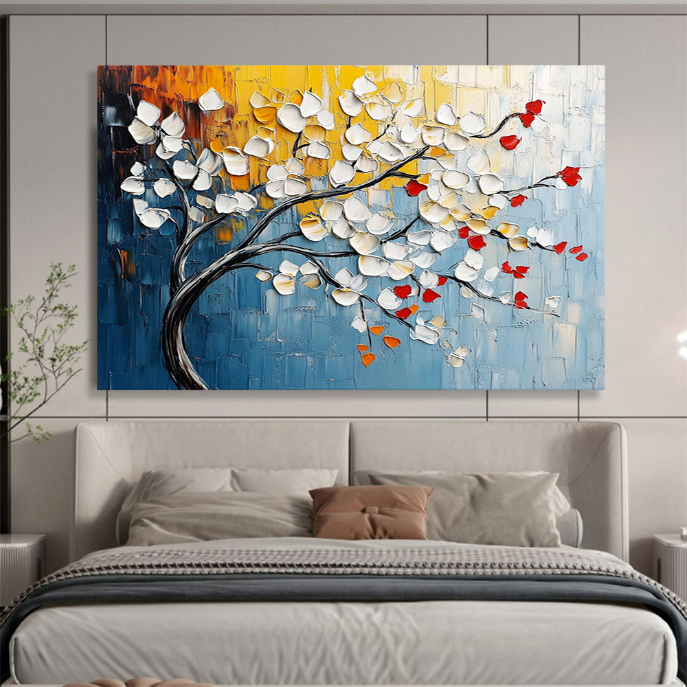 “Textured Blossom Branch” - White, Red, Yellow, Blue - Impasto Floral Branch - Acrylic Painting HB1330