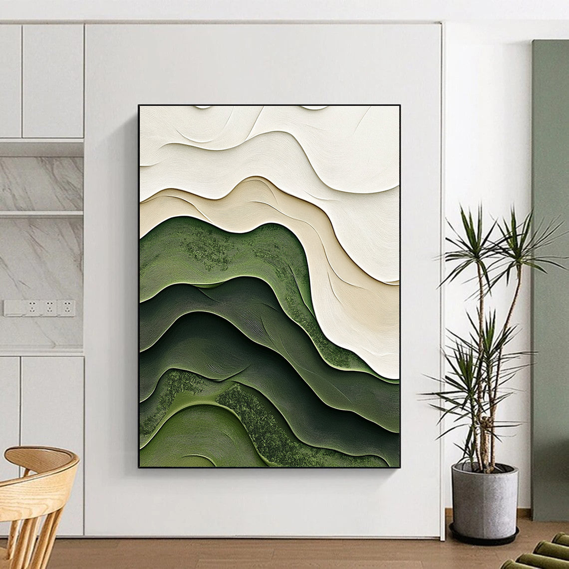 Contemporary abstract artistry featuring soft green and white layered topography enhances modern decor with elegant curves and intricate organic textures. DLZ1227
