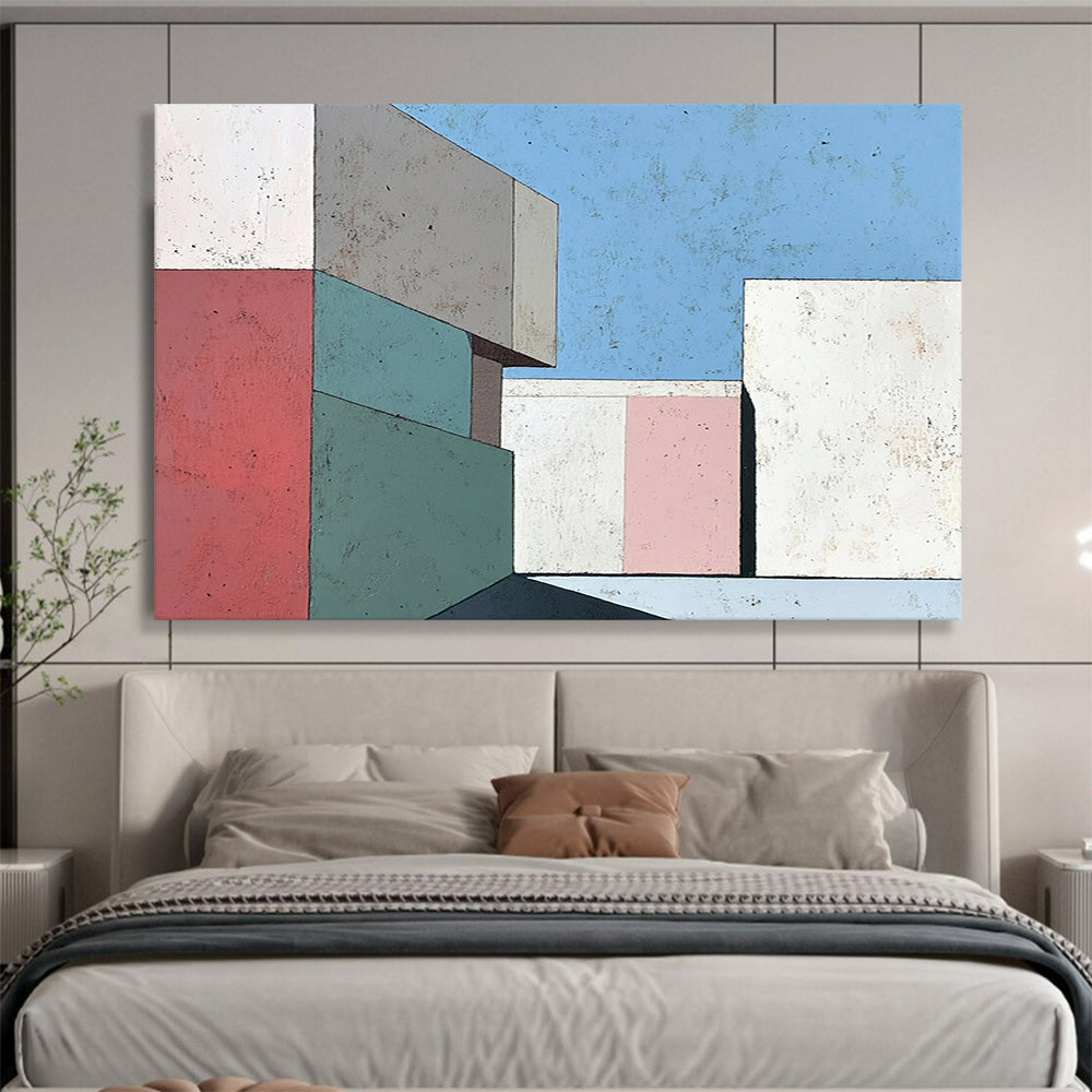 “Pastel Geometric Architecture” - Pink, Green, Blue, Abstract Buildings - Modernist Acrylic Painting HB1499