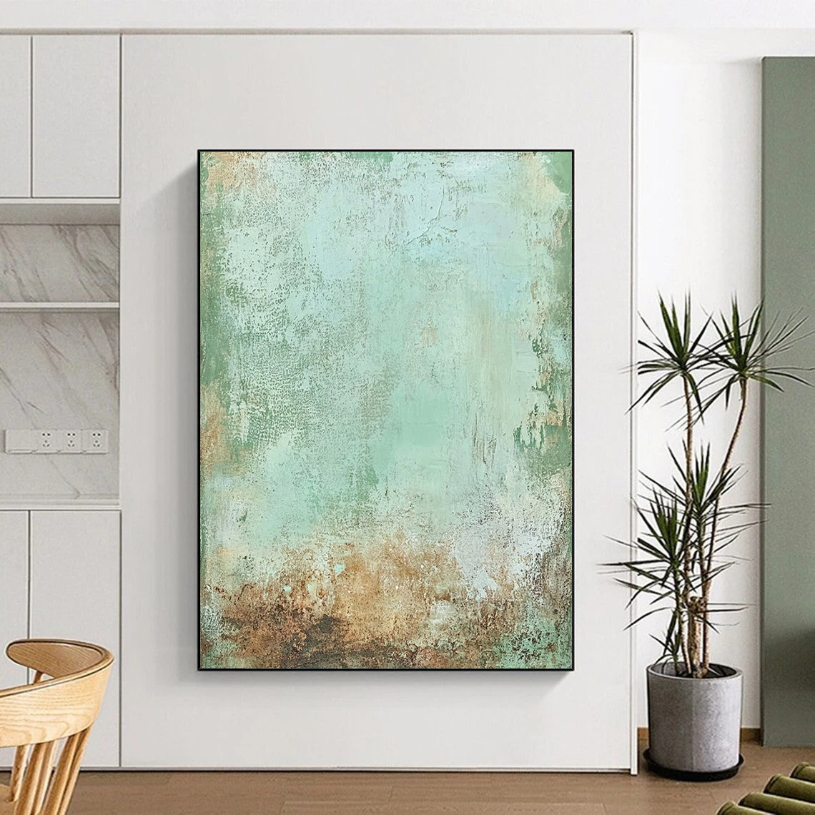Contemporary hand-painted abstract art featuring soft greens browns and pale blues with rusted metal textures for a rustic elegant backdrop. DLZ1478