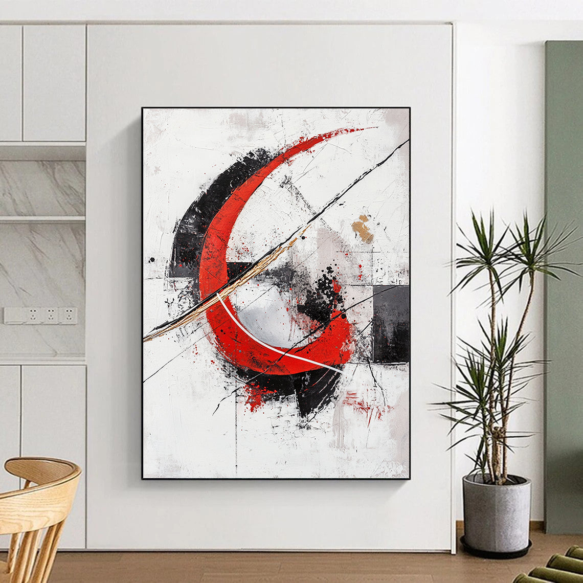White, Red, Black, Gray, Gold, Circular Motifs "Crimson Enso" Abstract Zen - Inspired Painting On Canvas HB070