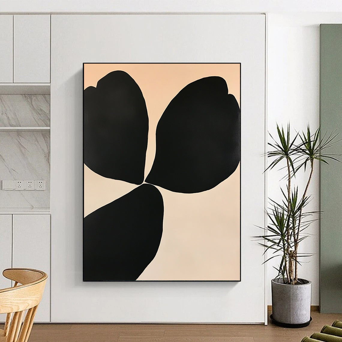 Large contemporary abstract painting featuring elegant floral shapes in black and white on an off-white background with subtle color gradients for depth. DLZ1339