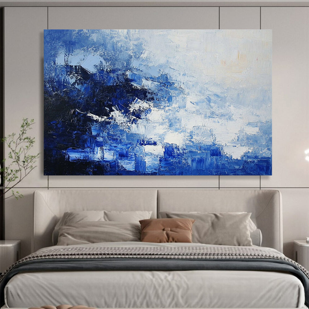 “Blue - White Abstract Textured Layers” - Blue, White, Layered Textures Painting On Canvas HB0836