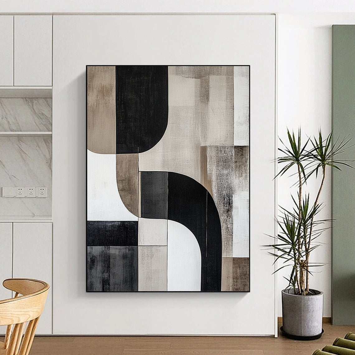 Contemporary abstract artwork features curved shapes and lines in cool grays with striking contrasts, creating a minimalist depth without any text. DLZ0856