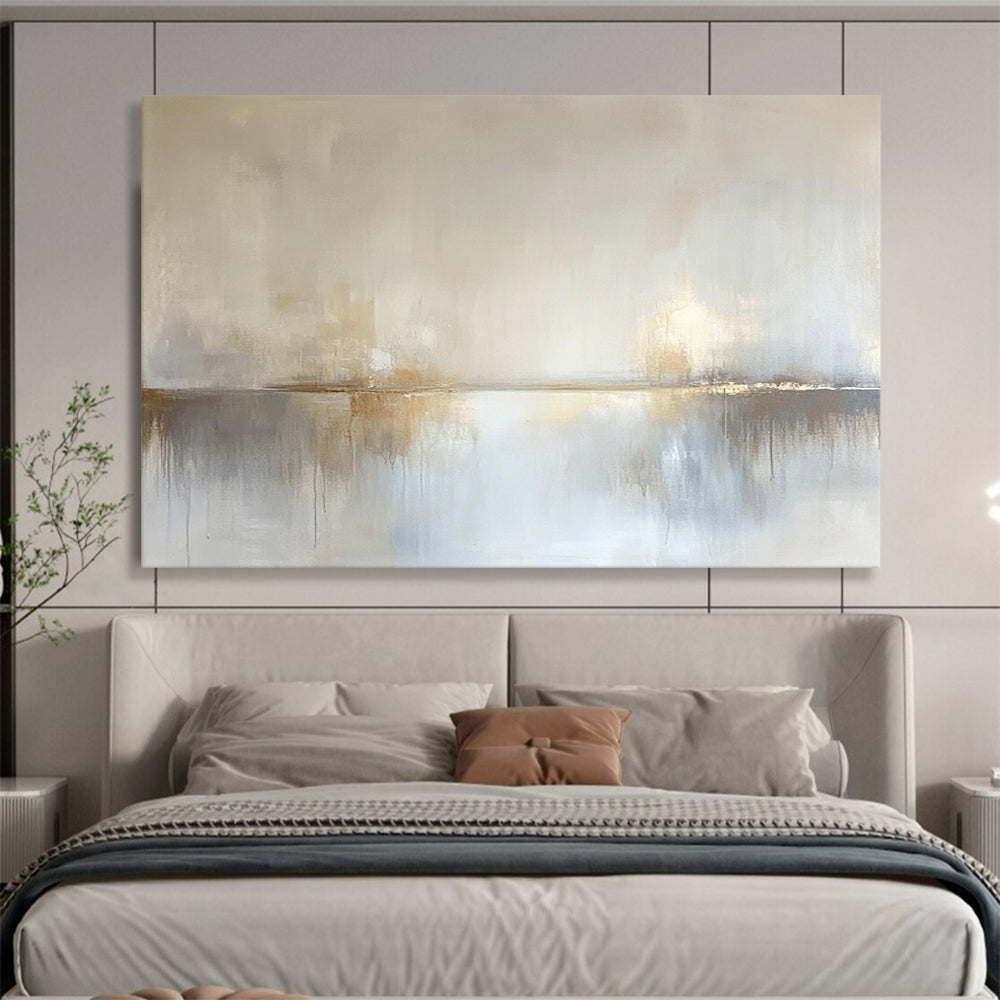 “Dreamy Horizon Reflection” - Pale beige, soft gray, white, Abstract Landscape Painting On Canvas HB0613