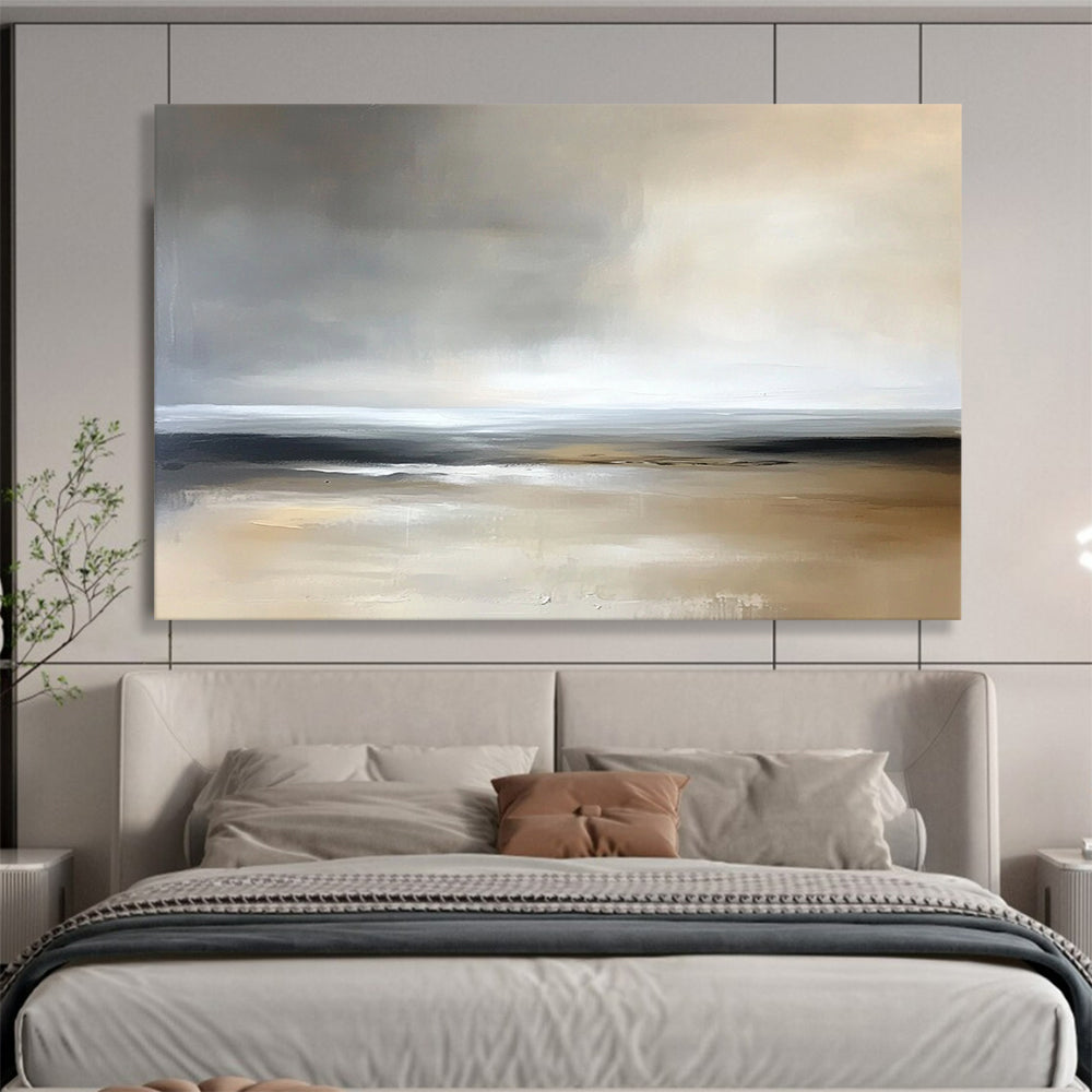 “Muted Coastal Calm” - Grays, beiges, whites; Abstract minimalist beach scene; Soft Acrylic Painting On Canvas HB1181