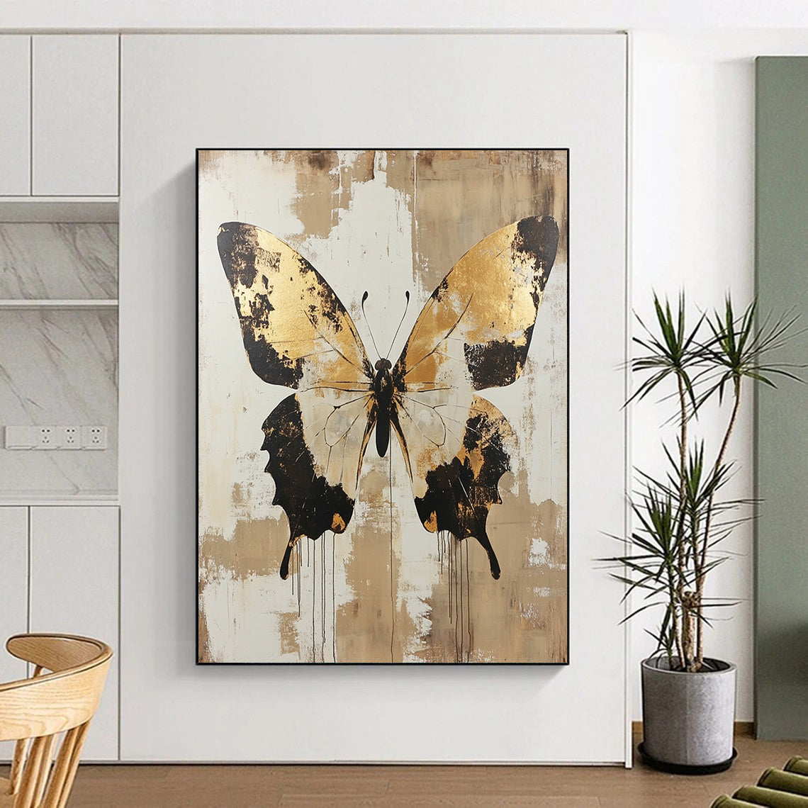Large contemporary hand-painted abstract artwork featuring distressed butterfly design in gold and beige tones adding elegance to any space. DLZ1562