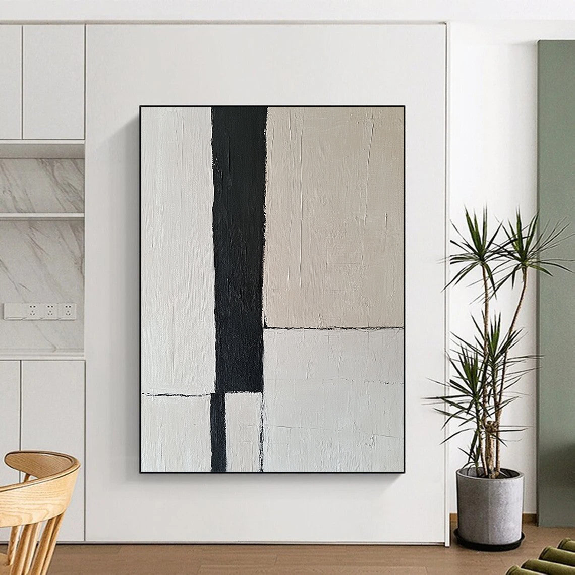 Contemporary abstract artwork features an off-white wall with a striking black vertical stripe, embodying the essence of minimalism through simple lines. DLZ1318