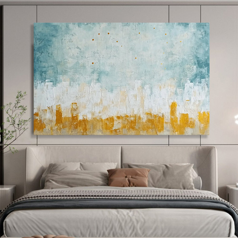 “Blue - Gray Cityscape with Gold Dots” - Blue, Gray, Gold, Abstract Cityscape Painting On Canvas HB1092