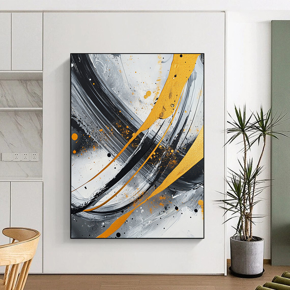 Gray, Black, White, Gold, Orange, Swirling Strokes "Fiery Galaxy" Abstract Cosmic - Inspired Painting On Canvas HB069