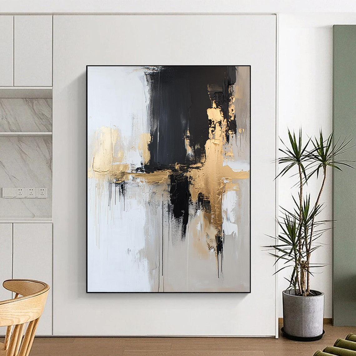 Contemporary hand-painted abstract artwork in neutral tones with gold accents, blending black and white elements for a striking visual impact. DLZ0518