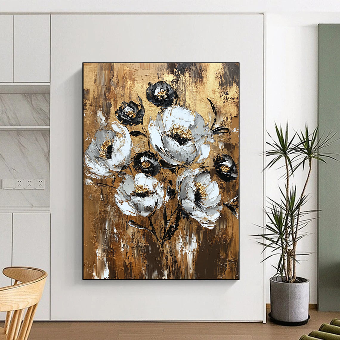Contemporary hand-painted abstract art featuring a textured floral arrangement in white and gold on a brown canvas evokes vintage charm. DLZ1734