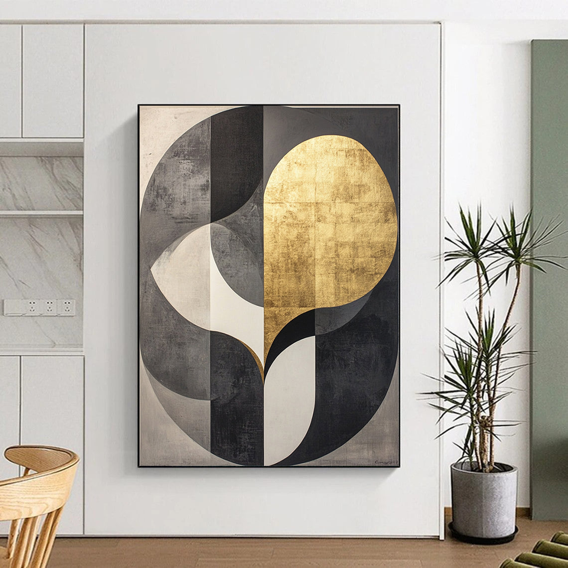 Black, Gray, White, Gold, Intertwined Circles "Gilded Unity" Abstract Cubist - Inspired Painting On Canvas HB117