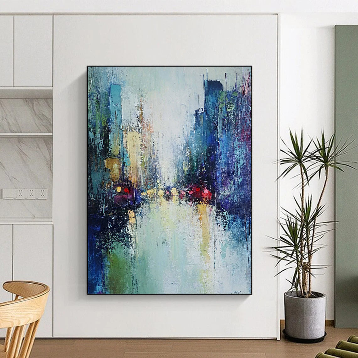 Contemporary hand-painted abstract art featuring a misty cityscape in soft greens and blues, enhanced by loose brushwork for an atmospheric effect. DLZ0604