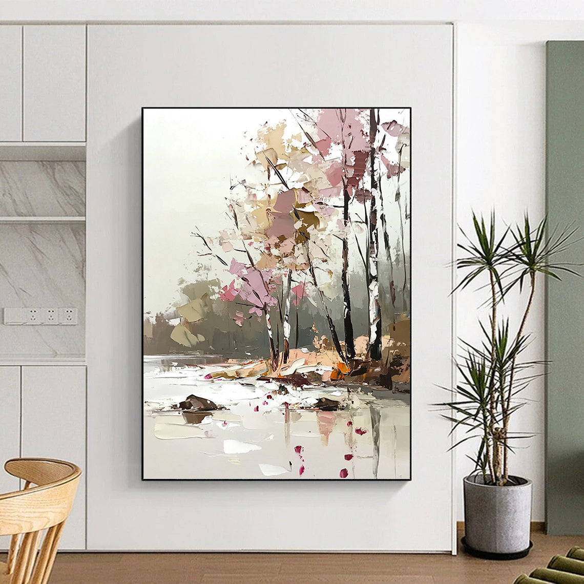 Contemporary abstract art features a soft palette knife technique with light pink and beige tones, showcasing trees by the river in a dreamy, blurred style. DLZ1113