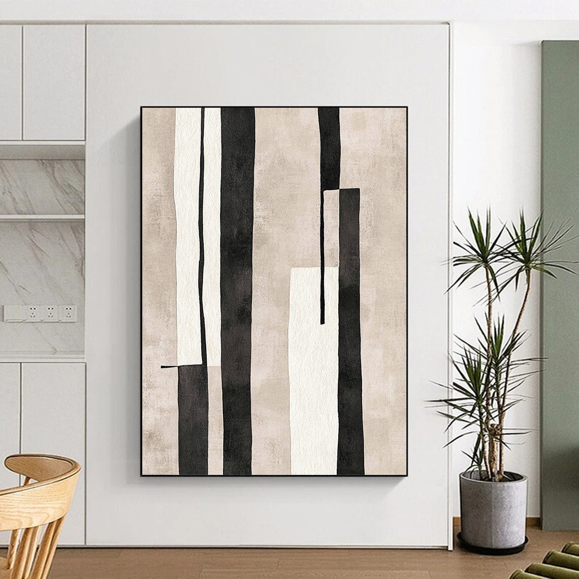 Large contemporary hand-drawn abstract art featuring vertical rectangular shapes in minimalist style with muted colors on textured paper inspired by Matisse. DLZ1270