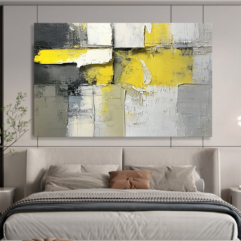“Geometric Energy” - Yellow, Gray, White, Textured Cubes Painting On Canvas HB1037