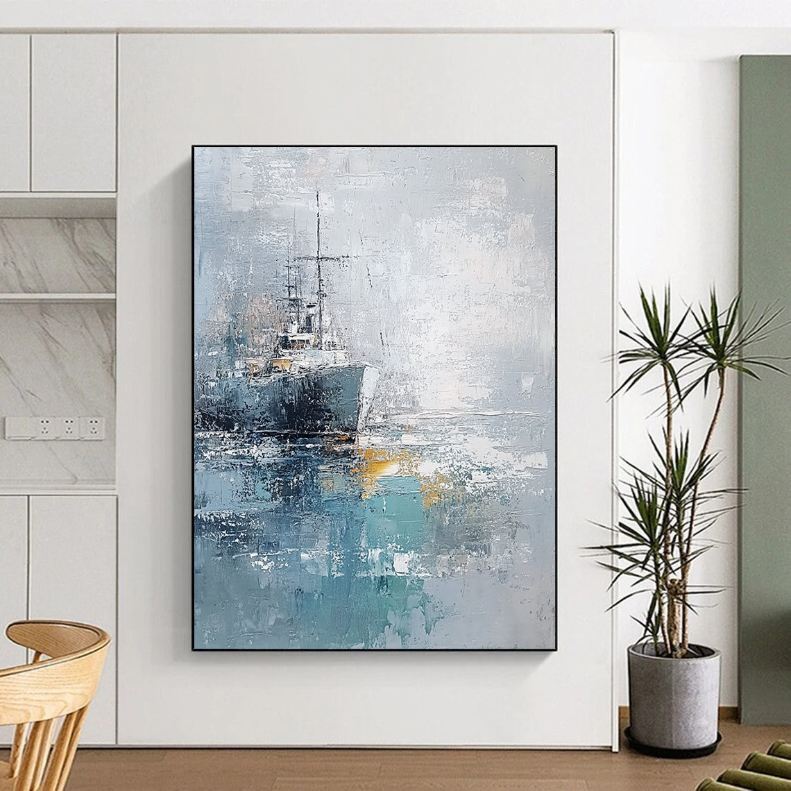Contemporary abstract painting featuring the sea and a ship with impasto texture in light blue gray and white tones on canvas. DLZ0655