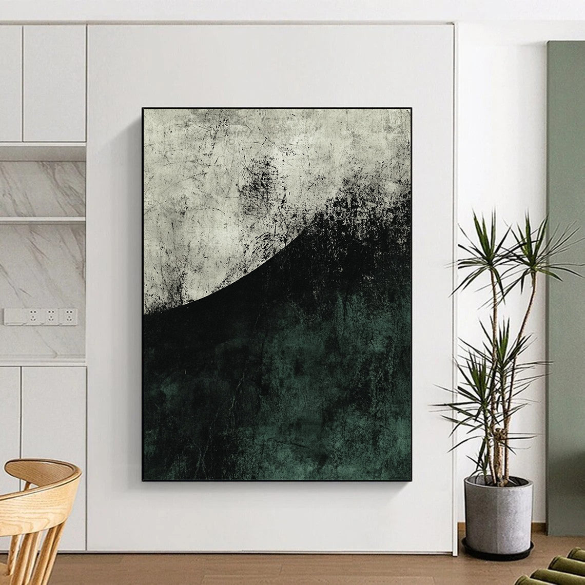 Contemporary abstract artwork featuring a large dark green and grey half circle with textured brushwork and strong negative space in muted tones. DLZ0809