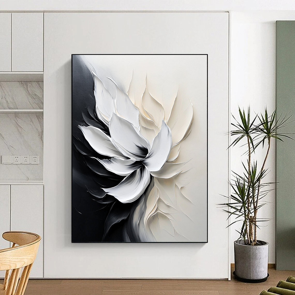 Contemporary abstract flower painting with smooth brushstrokes and monochrome palette evokes tranquility and elegance through delicate petal details and soft lighting. DLZ0828