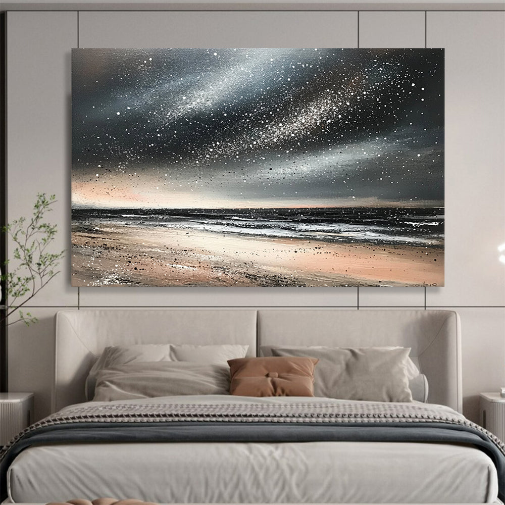 “Starry Beach Night” - Blacks, whites, beiges, silvers; Starry sky over a quiet beach; Mixed Media Painting On Canvas HB1183