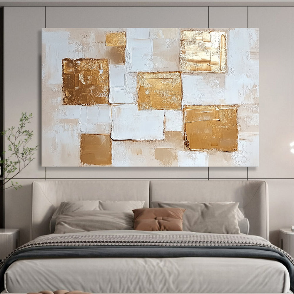 “Golden Squares” - Beige, White, Gold with Geometric Squares - Abstract Acrylic Painting HB1338