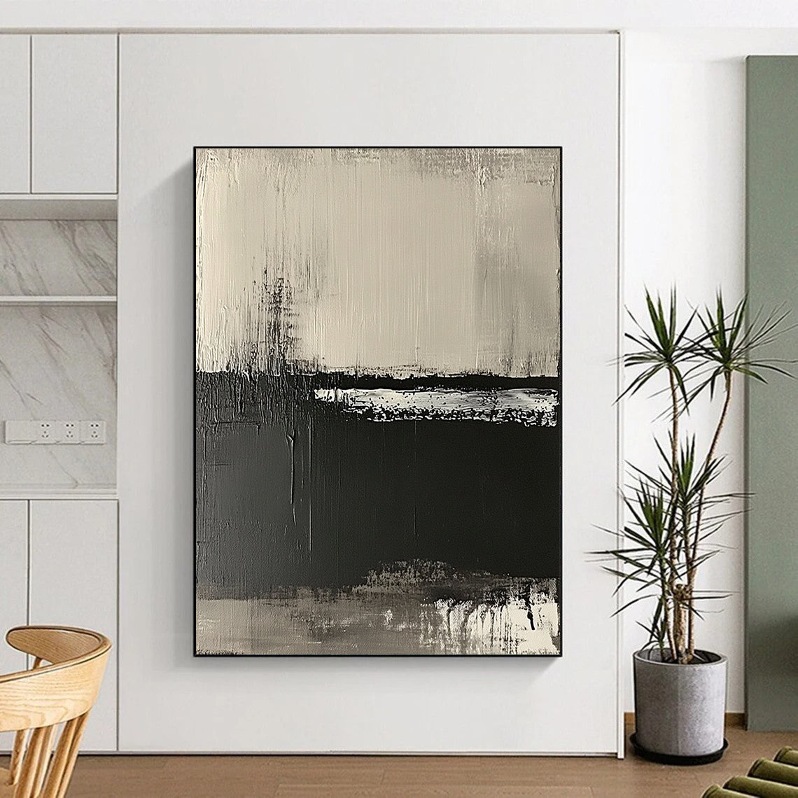 Contemporary hand-painted abstract artwork on textured canvas featuring neutral tones and a striking black-and-white horizon landscape. DLZ0679