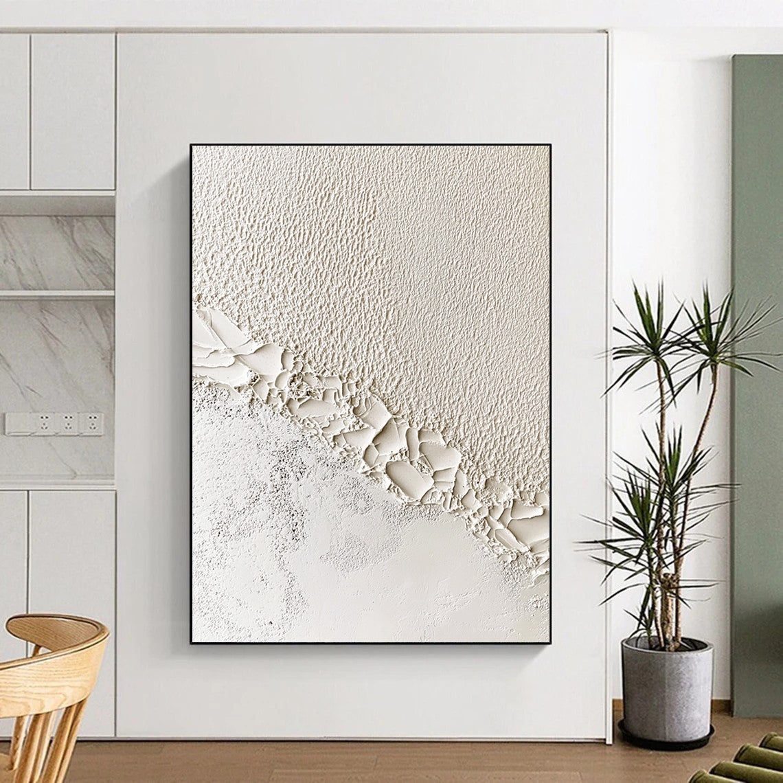 Contemporary hand-painted abstract artwork featuring textured white waves at the wall and ceiling edge, symbolizing creativity and innovation in architectural design. DLZ1215