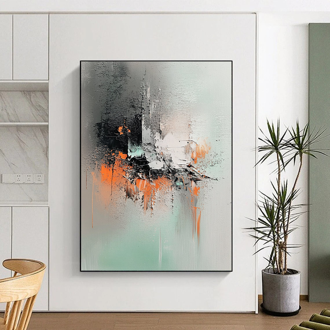 Contemporary abstract artwork features mint green, gray tones, and ink splash effects with a palette knife technique on canvas. DLZ1046