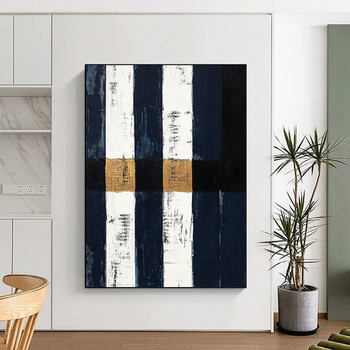 Navy, White, Gold, Black, Vertical Stripes "Nautical Gilded Stripes" Abstract Coastal - Inspired Painting On Canvas HB153