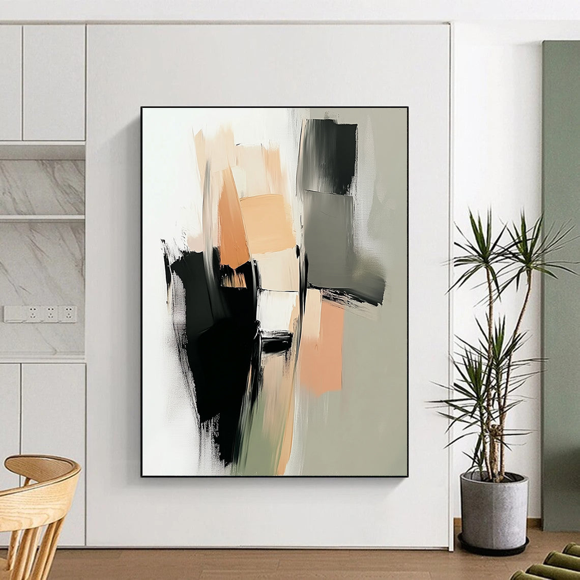 Contemporary hand-painted abstract art featuring thick brushstrokes in neutral tones of beige and black with geometric shapes and soft edges. DLZ0430