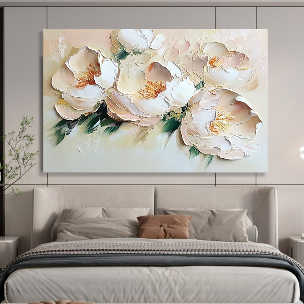 “Blush Peony Blooms” - Muted peaches, whites, greens; Thick - textured peony flowers; Impasto Floral Painting On Canvas HB1157
