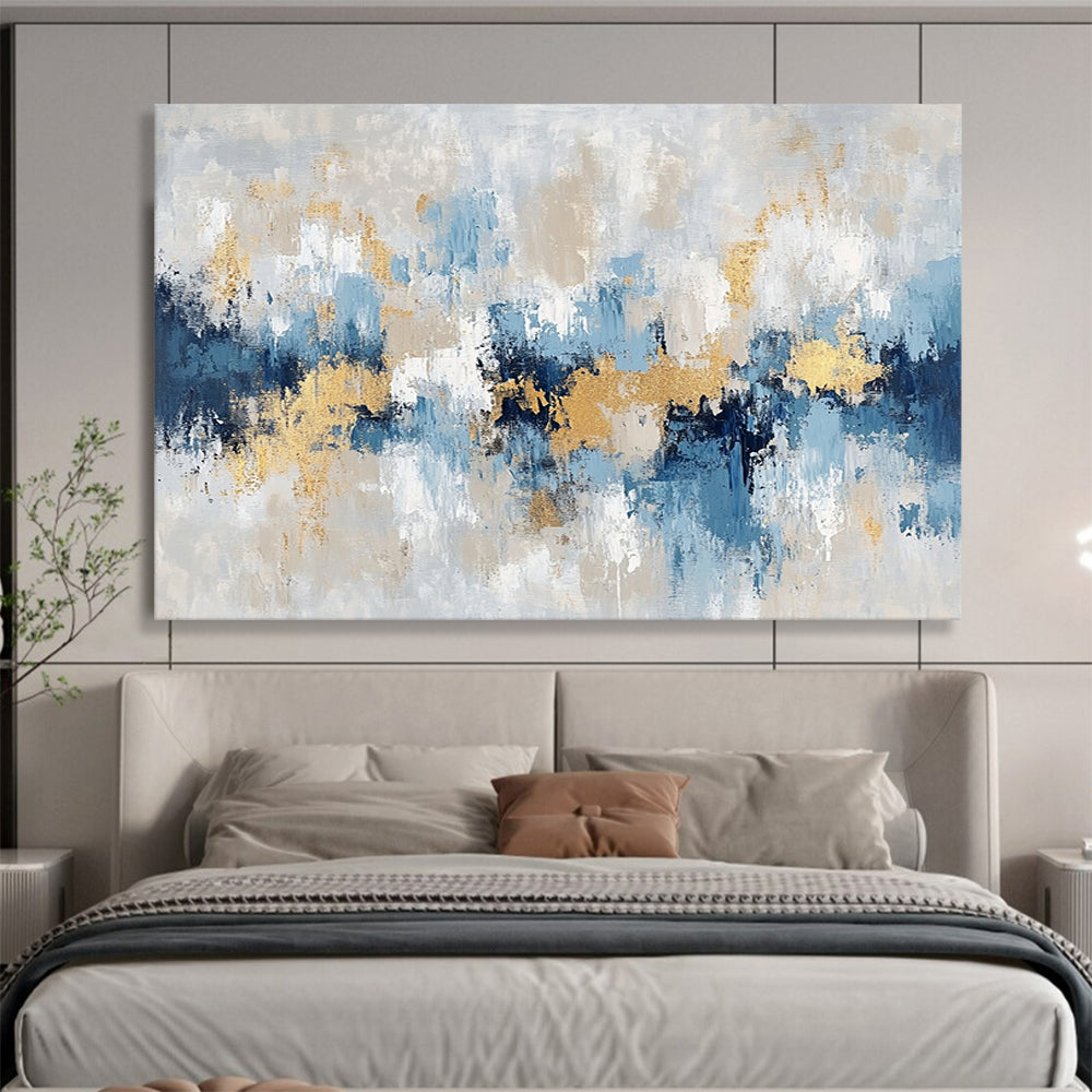 “Soft Gold - Blue - Gray Abstract Landscape” - Gold, Blue, Gray, White, Beige, Gentle Shapes Painting On Canvas HB0822